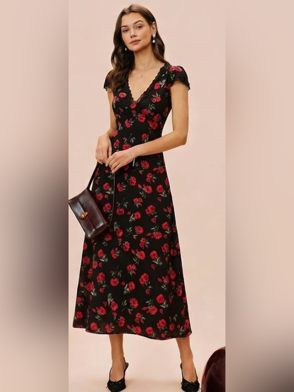 RIHOAS Black Maxi Dress with Red Rose Print